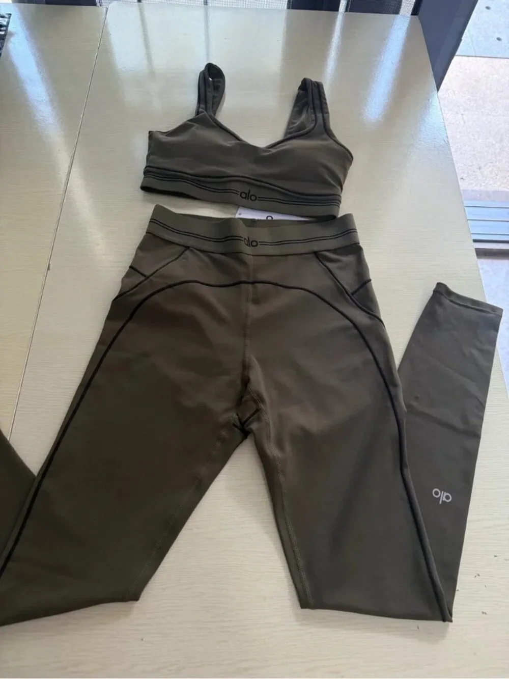 ALO Yoga Olive Green Seamless Sports Bra with Logo